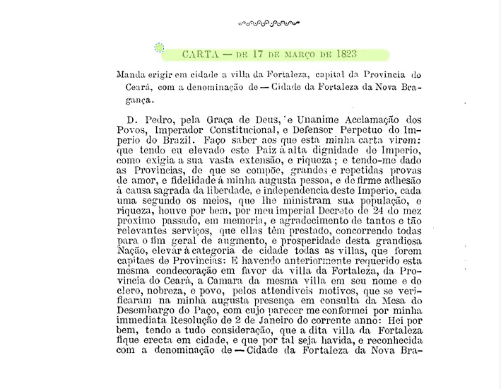Página de documento histórico intitulada ‘Carta — de 17 de março de 1823’, com texto em português antigo que determina a elevação da vila de Fortaleza à categoria de cidade.
