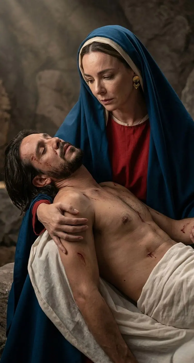 A atriz interpretando Maria segura o corpo de Jesus nos braços durante o espetáculo 'Paixão de Cristo', em uma representação da cena de Pietà. Ela veste um manto azul sobre uma túnica vermelha, enquanto o cenário rochoso ao fundo e a iluminação suave reforçam o tom solene e dramático da encenação.
