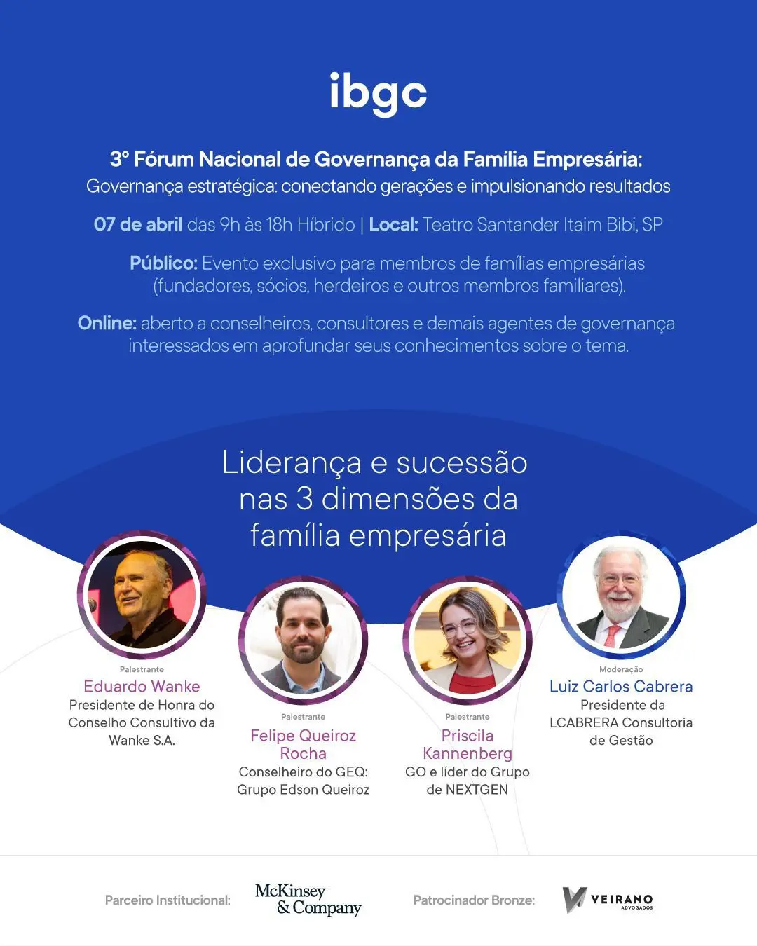 Cartaz do IBGC anuncia o 3º Fórum Nacional de Governança da Família Empresária, com data, local e palestrantes.