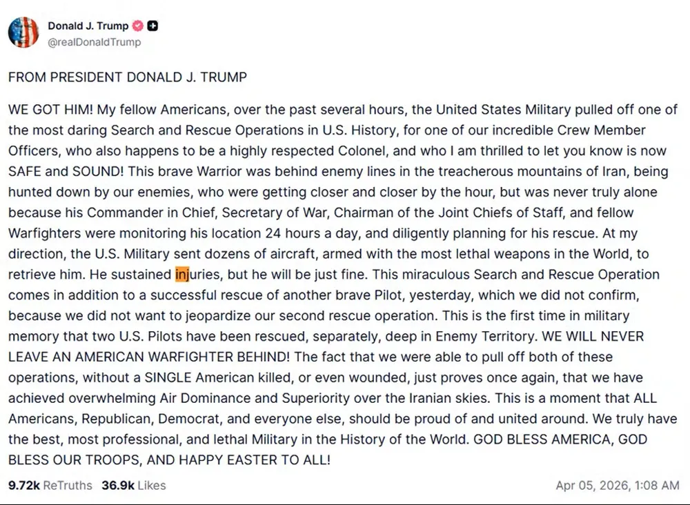 Publicação de Donald Trump em uma rede social sobre resgate do militar americano.