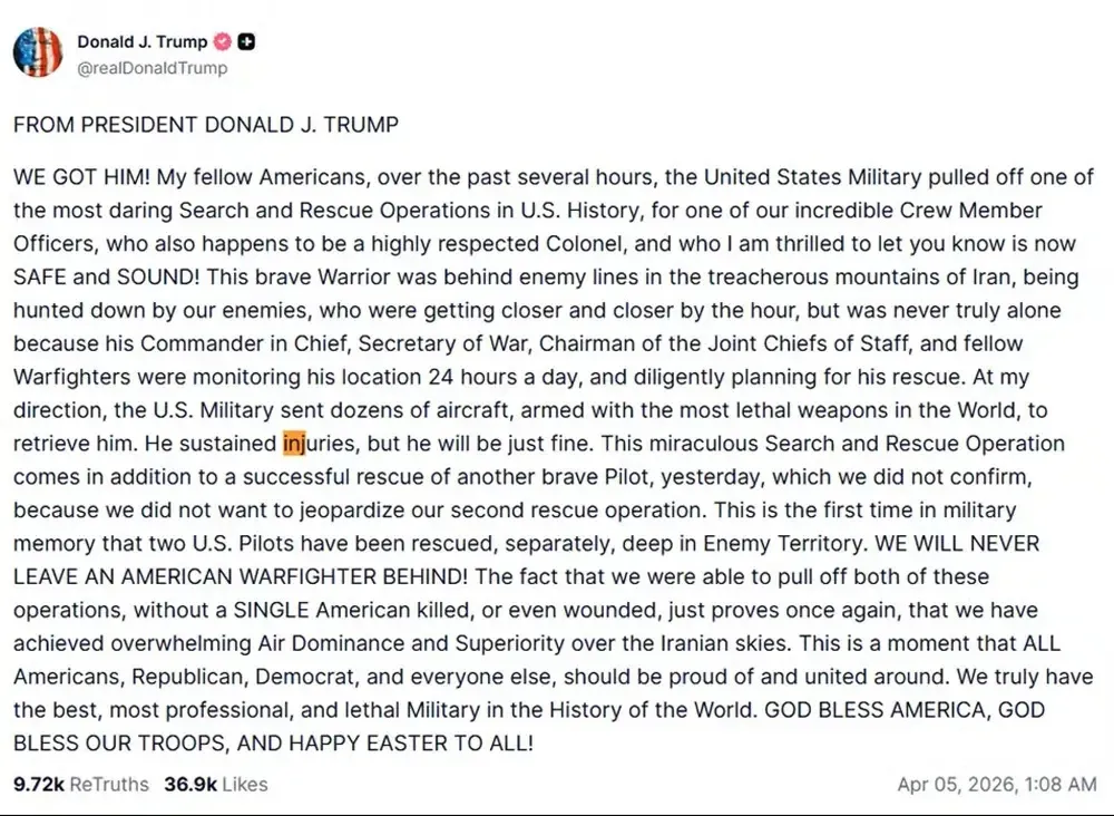 Publicação de Trump nas redes sociais sobre resgate de piloto.