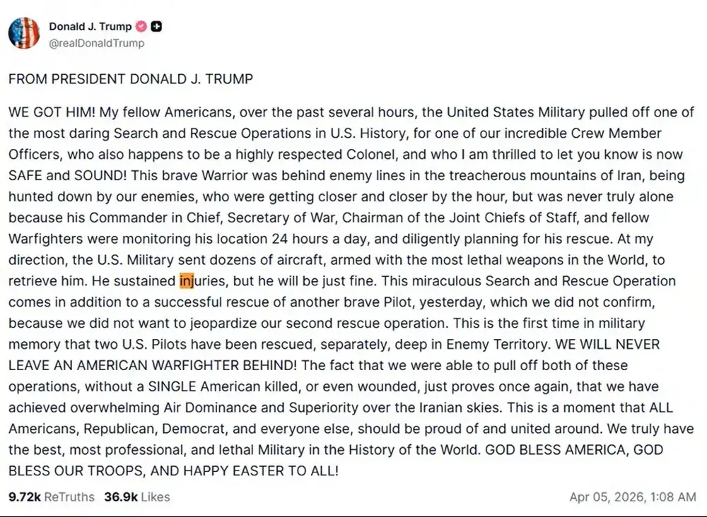 Na imagem, captura de tela de uma postagem na rede social Truth Social, de autoria de Donald J. Trump (@realDonaldTrump). O texto, datado de 5 de abril de 2026, é um comunicado oficial intitulado 