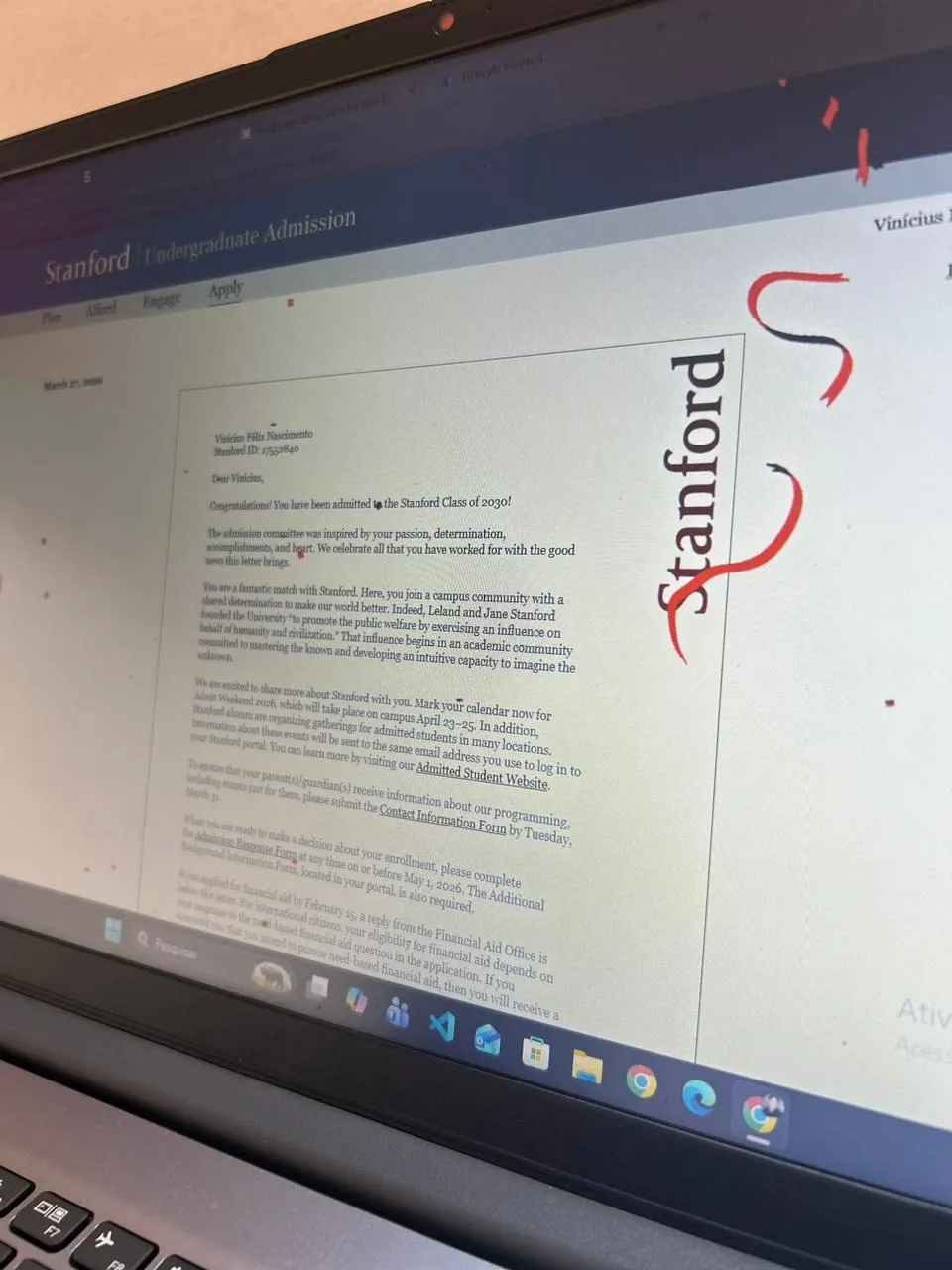 Carta de aprovação para Stanford.