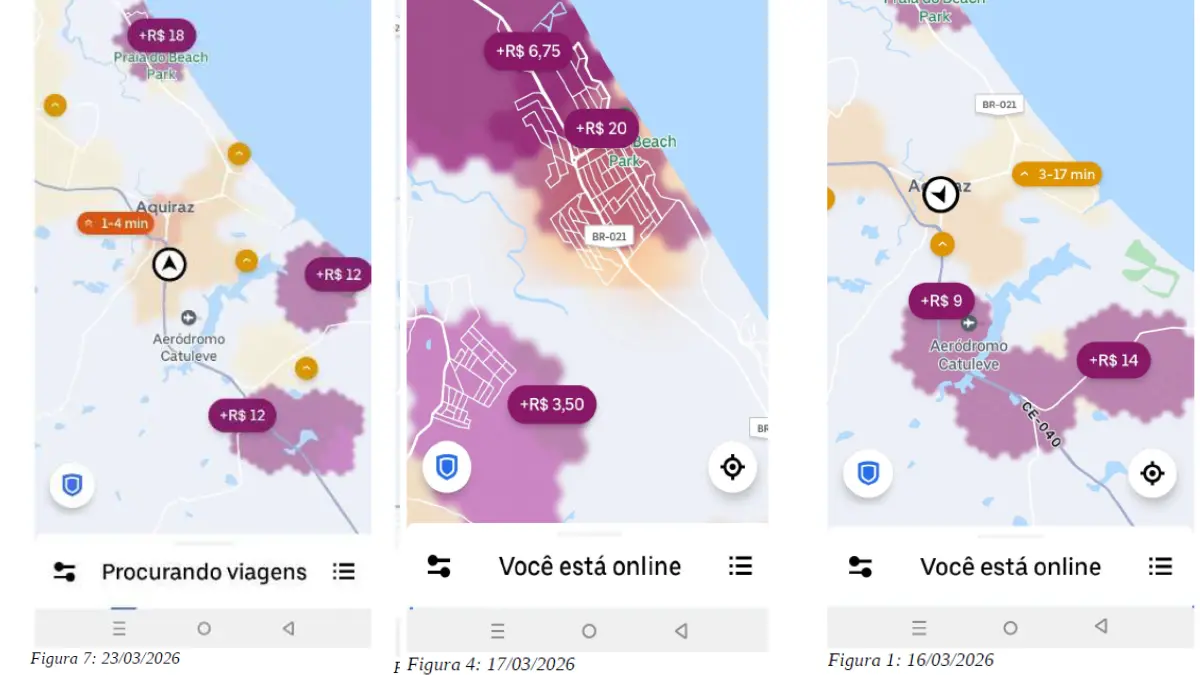Montagem com três capturas de tela de um aplicativo de transporte por mapa, exibindo áreas com tarifa dinâmica na Região Metropolitana de Fortaleza. Em todos os mapas aparecem manchas em tons de roxo indicando valores adicionais sobre a tarifa.