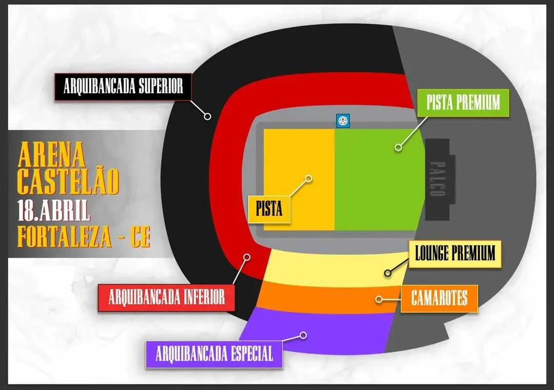 Mapa do estádio Arena Castelão em Fortaleza, CE, mostrando diferentes setores como arquibancada superior e inferior, pista premium, lounge premium, camarotes e área especial, para o evento de 18 de abril.