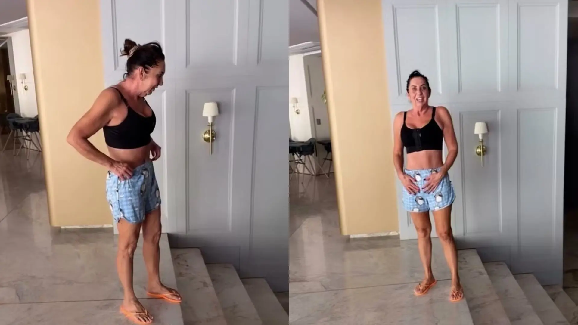 Montagem com dois quadros de Margareth Serrão em ambiente interno, vestindo top preto e shorts azul. Ela aparece de perfil e de frente em um corredor com degraus de mármore.