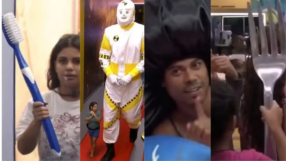 Imagem com diferentes pessoas, incluindo uma criança com escova de dentes, uma figura de personagem de terror, um homem com chapéu gigante e uma pessoa segurando uma espátula.