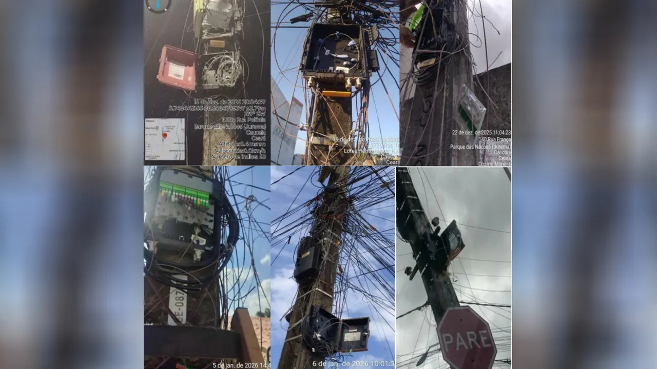 Fotos de equipamentos de internet danificados pelo CV em Caucaia.