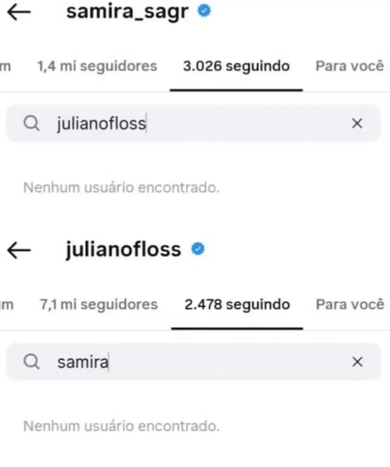 Captura de tela de um aplicativo de rede social mostrando buscas por usuários; ao pesquisar “julianofloss” em um perfil e “samira” em outro, aparece a mensagem “Nenhum usuário encontrado” em ambos os casos.