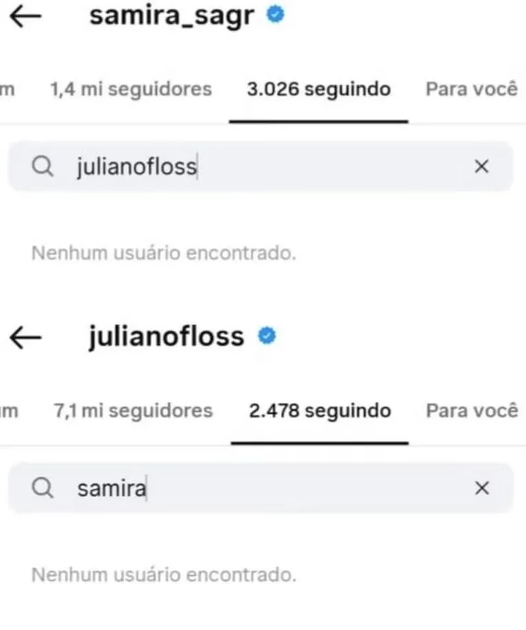 Samira e Juliano deixaram de se seguir nas redes sociais.