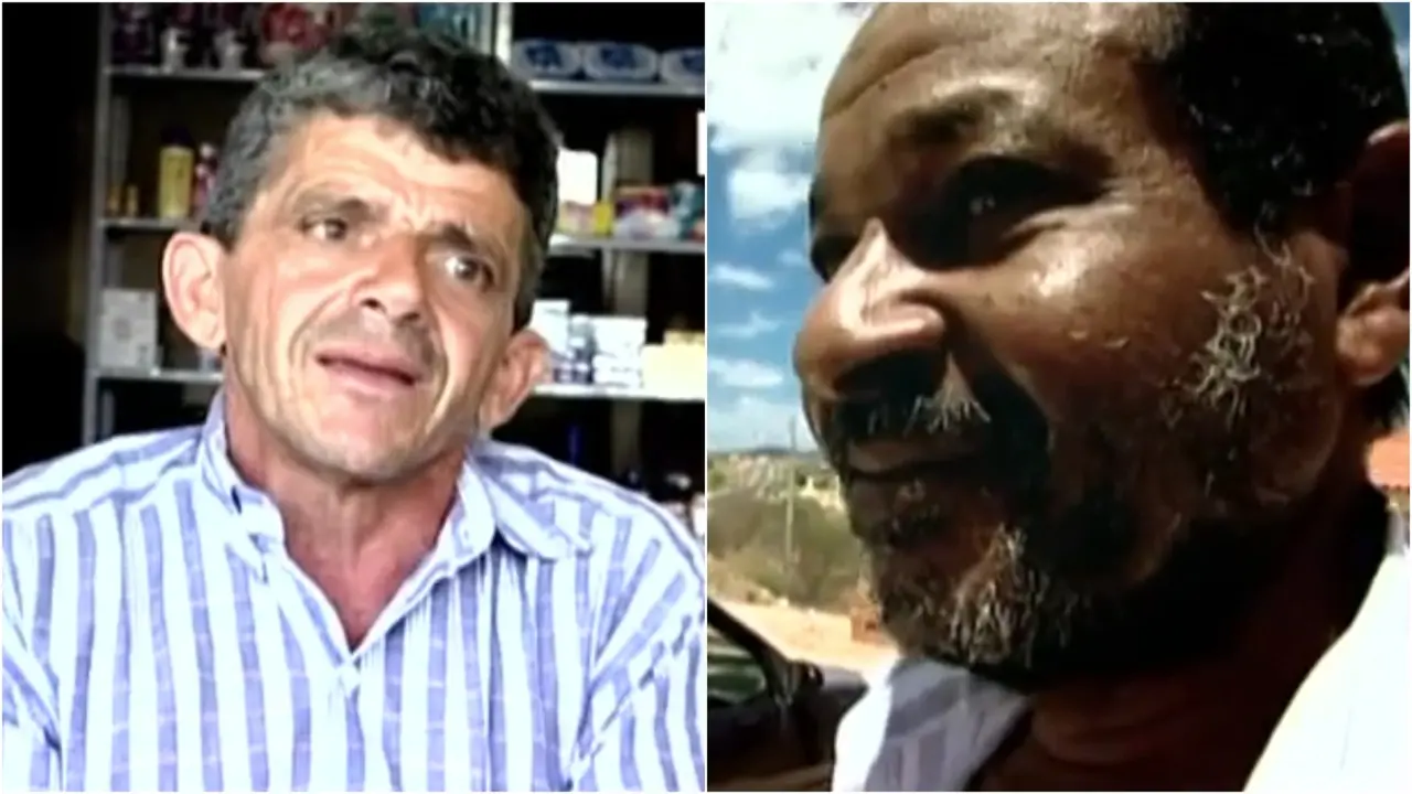 Dois homens aparecem lado a lado em uma montagem de cenas do documentário 'Peões', com Bezerra à esquerda em um ambiente interno e Zé Pretinho à direita sob a luz do sol. A imagem captura as expressões marcantes de ex-metalúrgicos, destacando a sobriedade e a força dos personagens que viveram as greves históricas do ABC.