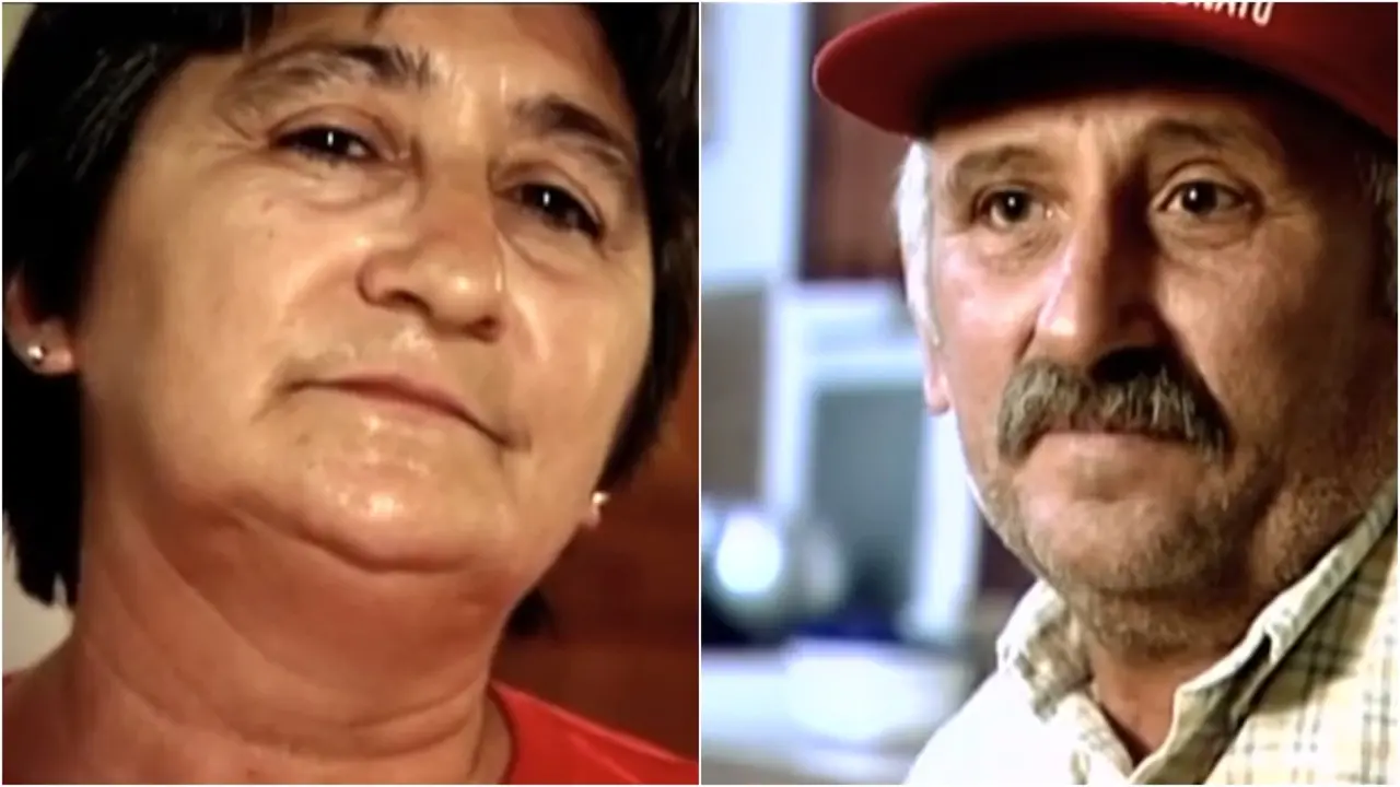 Retratos de Socorro e Zacarias, do documentário 'Peões', aparecem lado a lado em um plano fechado que destaca suas expressões serenas e marcadas pelo tempo. À esquerda, Socorro olha levemente para cima com um semblante tranquilo, enquanto à direita Zacarias usa um boné vermelho e possui um bigode grisalho proeminente.