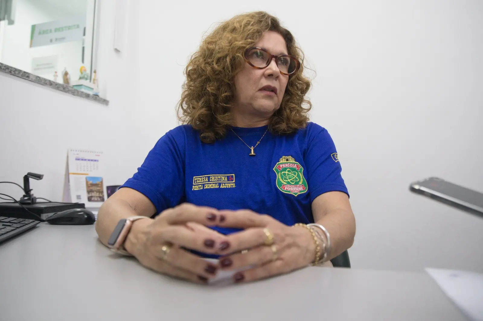 Foto da perita Teresa Cristina, coordenadora do Banco de Perfis Genéticos do Ceará da Pefoce. Ela está sentada em uma mesa com as mãos cruzadas enquanto concede uma entrevista.