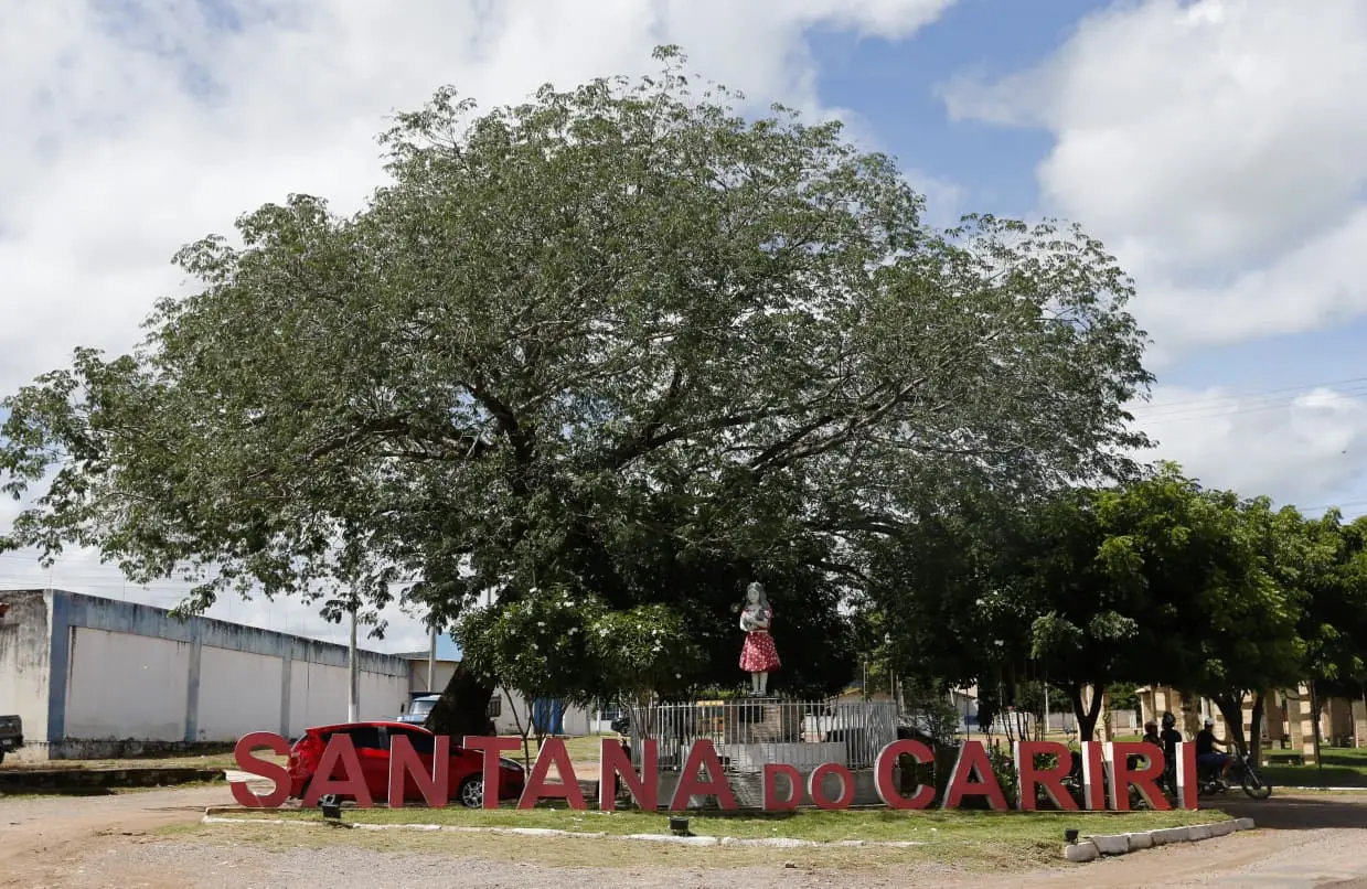 Imagem de uma árvore grande no centro de uma praça com um letreiro 'SANTANA do CARIRI' em destaque na frente, localidade para visitar no Cariri, Ceará, Brasil.