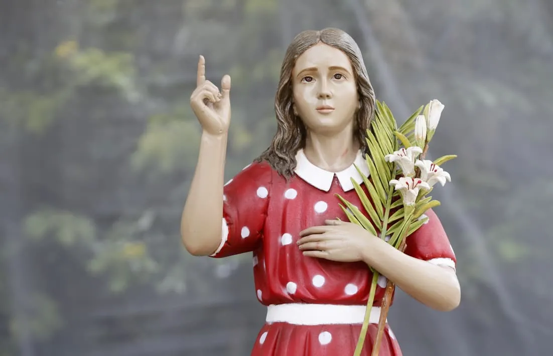 A estátua de Menina Benigna criou o retrato de uma jovem de pele clara, com expressão serena, cabelos castanhos.