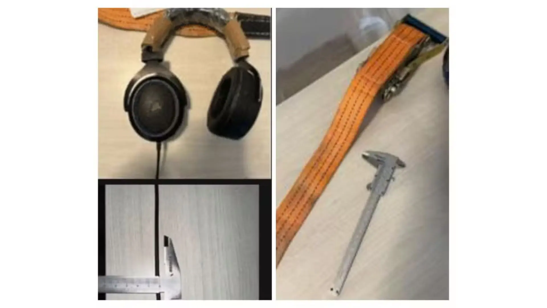 Imagem de instrumentos de medição e equipamentos como fone de ouvido, paquímetro e fita métrica, utilizados em trabalhos de precisão e inspeção.