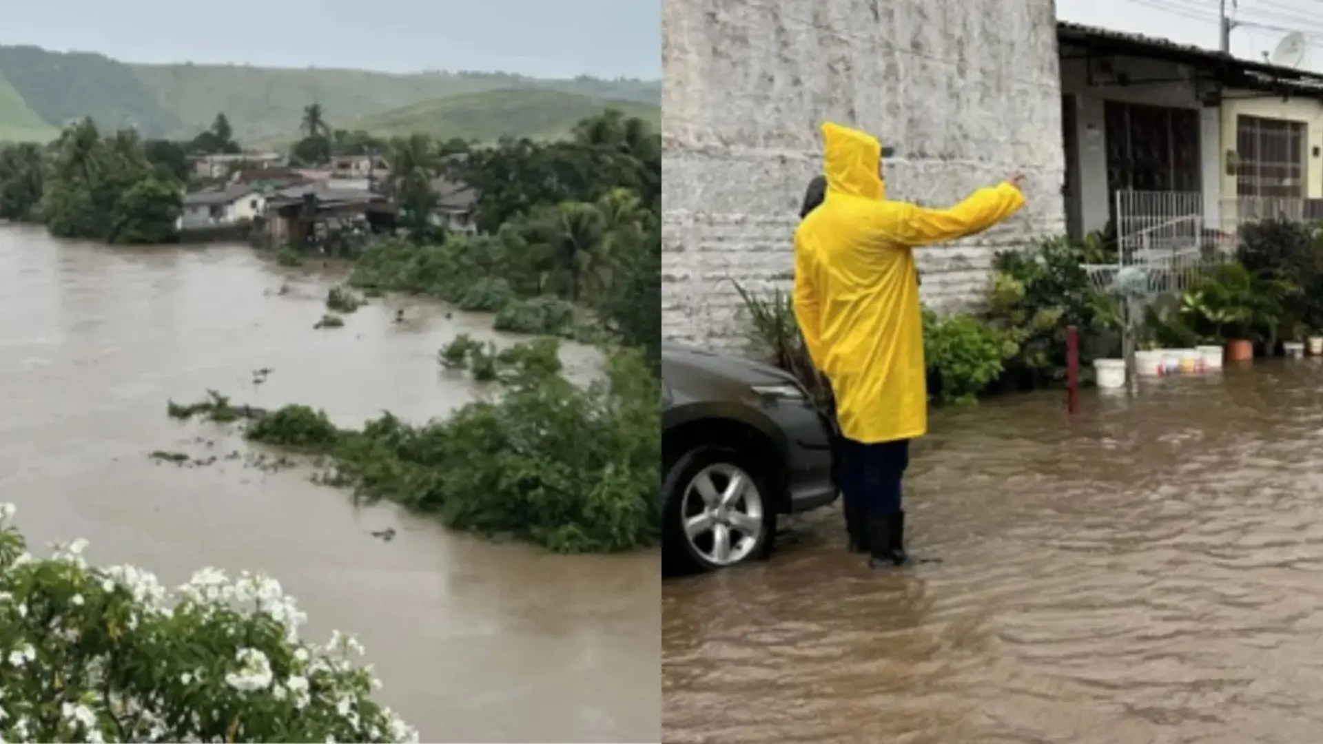 Pessoa usando capa de chuva amarelo enfrentando enchente urbana, ruas alagadas e perigo na cidade devido às fortes chuvas