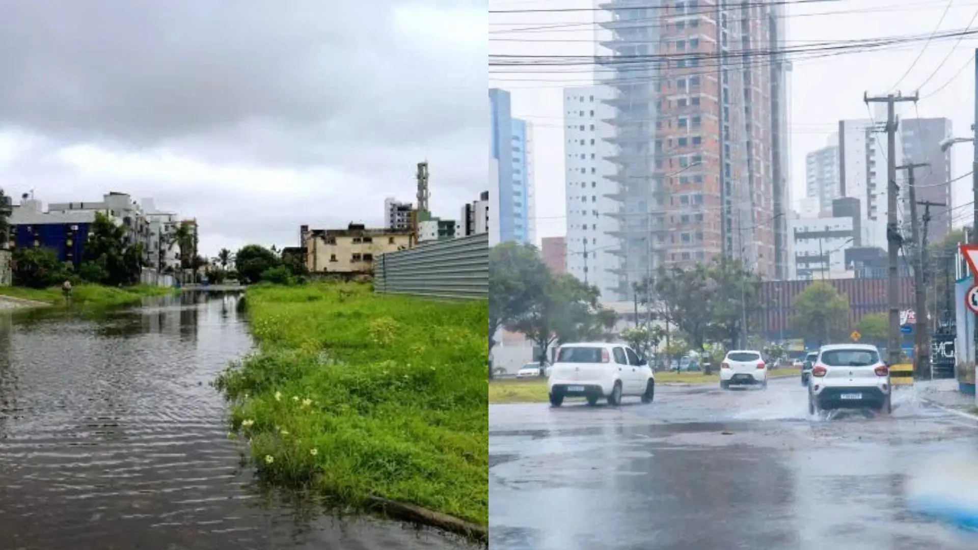 Imagem mostrando a diferença entre uma área alagada e uma cidade com ruas encharcadas devido a chuva, destacando os efeitos das condições climáticas urbanas no meio ambiente.