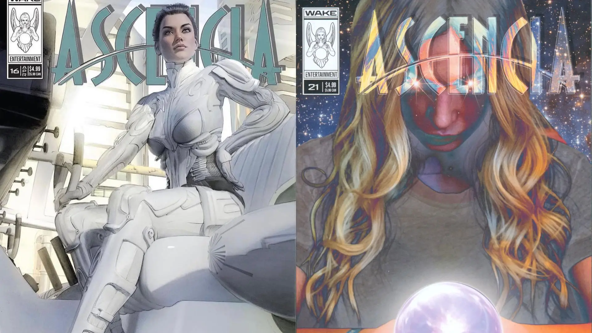 Imagem de duas capas de quadrinhos de Asescila, com uma mulher robótica e outra com fantasia de palhaça, destacando a importância da cultura pop, quadrinhos e personagens femininas.