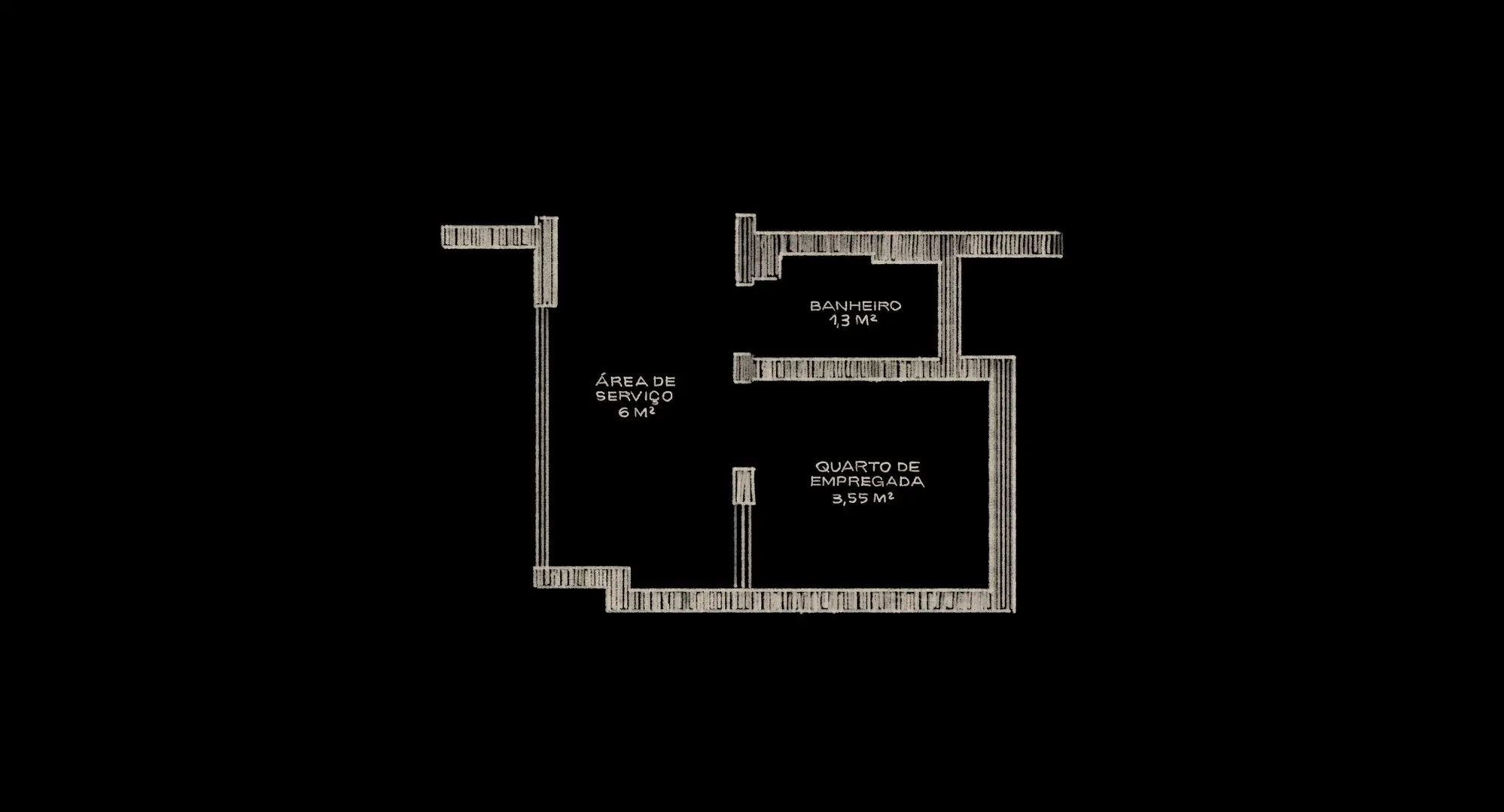 Uma planta baixa minimalista sobre fundo preto apresenta o layout de uma área de serviço de 6 m², um banheiro de 1,3 m² e um quarto de empregada de 3,55 m². As linhas brancas desenham os compartimentos de forma técnica e clara, destacando a organização compacta dos espaços funcionais.
