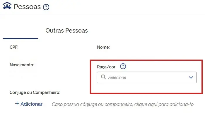 Tela do sistema de declaração do Imposto de Renda 2026 destaca campo “Raça/cor” na seção de identificação de pessoas. A opção aparece em destaque dentro de um retângulo vermelho.