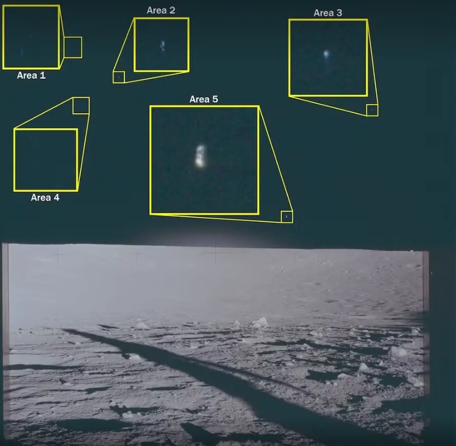 Imagem da superfície lunar com solo irregular e horizonte claro. No céu escuro acima, cinco áreas destacadas por contornos amarelos, identificadas como “Área 1” a “Área 5”, mostram pequenos pontos ou formas claras ampliadas em quadros.