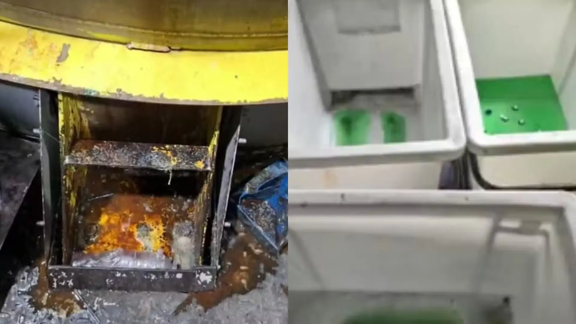Imagem de uma área industrial suja com resíduos de óleo e destroços ao redor, mostrando equipamentos desgastados