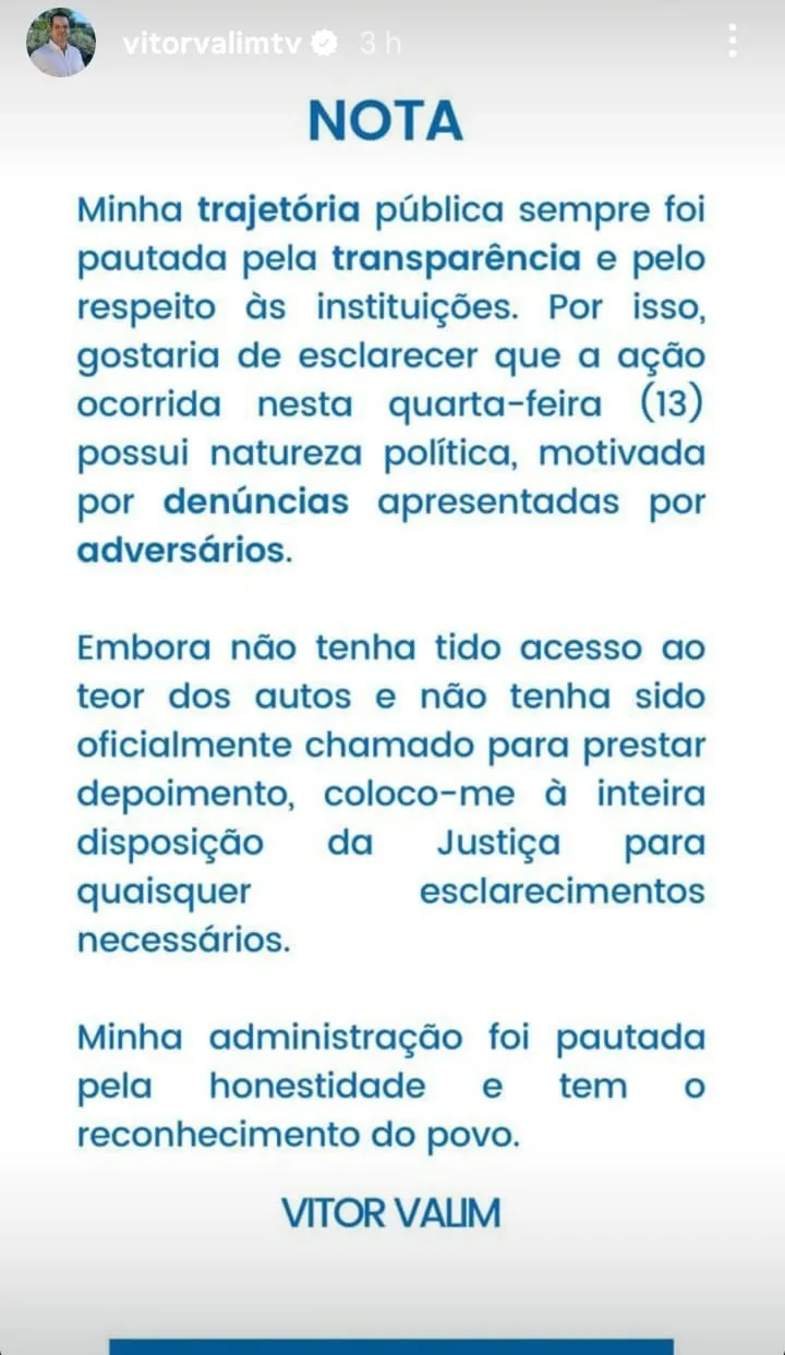Ex-prefeito compartilhou nota pela ferramenta Stories do Instagram.