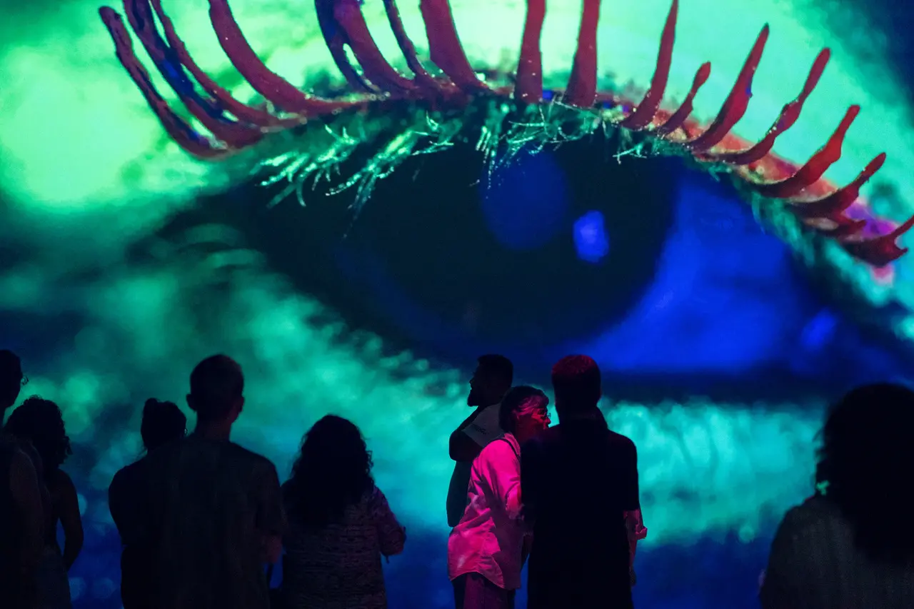 Visitantes observam uma projeção monumental de um olho humano em tons vibrantes de azul e verde durante a mostra 'Ocupa MIS', no Museu da Imagem e do Som do Ceará. As silhuetas das pessoas em primeiro plano contrastam com a iluminação artística, criando uma experiência imersiva de cores e formas em um ambiente escurecido.