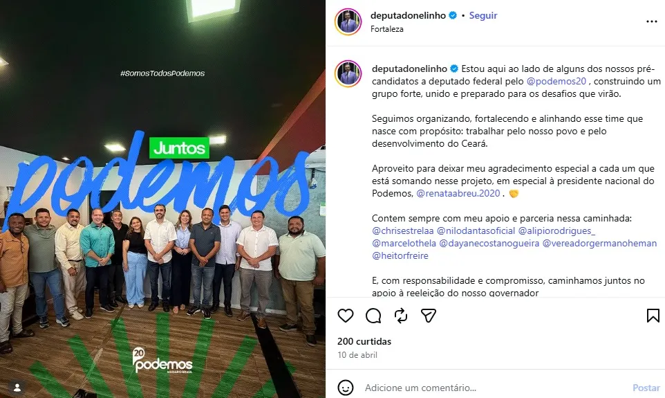Presidente do Podemos Ceará chegou a postar com chapa de pré-candidatos à Câmara dos Deputados em que He-Man (de camisa branca à direita) aparece.