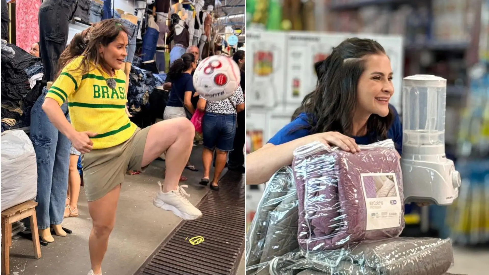 montagem de fotos de Brena Jéssica fazendo publicidades. Na foto à esquerda, ela faz uma embaixadinha vestindo a blusa do Brasil. À direita, ela posa com um liquidificador e produtos de cama.