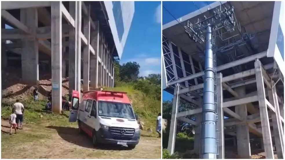 Imagem em dois quadros mostra a construção de uma estrutura metálica industrial, com caminhão branco e vermelho em área externa à esquerda e um grande conjunto de colunas e tubulações de aço à direita