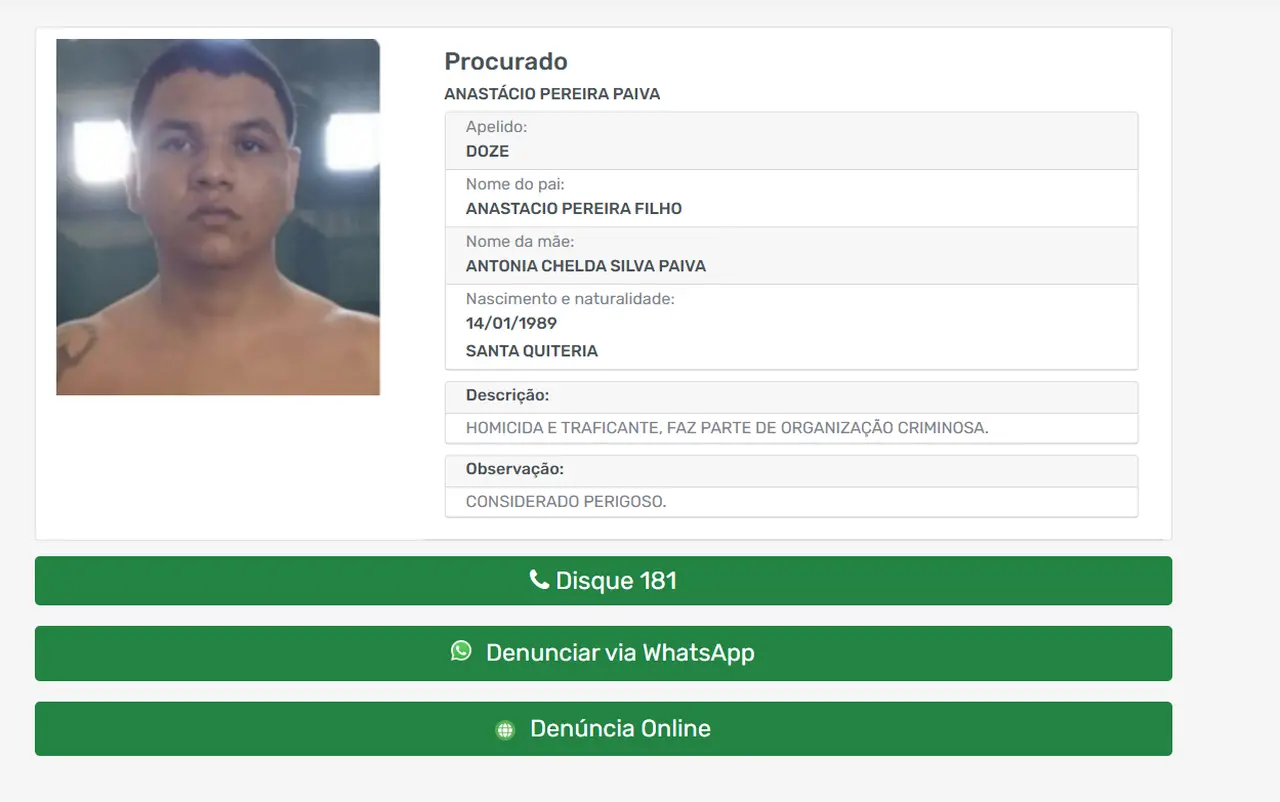 Captura de tela da página de Anastácio Pereira Paiva, o Doze, do CV, um dos mais procurados da SSPDS, no Ceará.