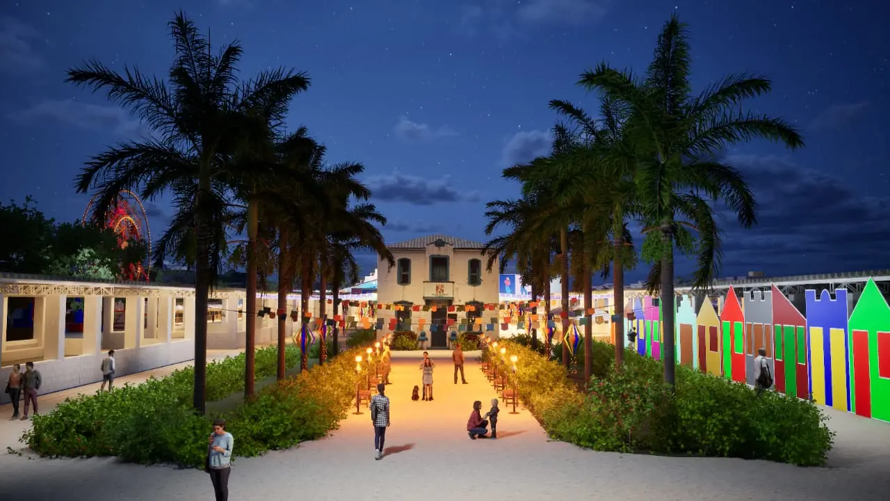 Vista aérea de renderização 3D do evento Cidade Junina, exibindo tenda central com bandeirinhas coloridas, totens digitais, banheiros e mesas ao ar livre sob iluminação noturna.