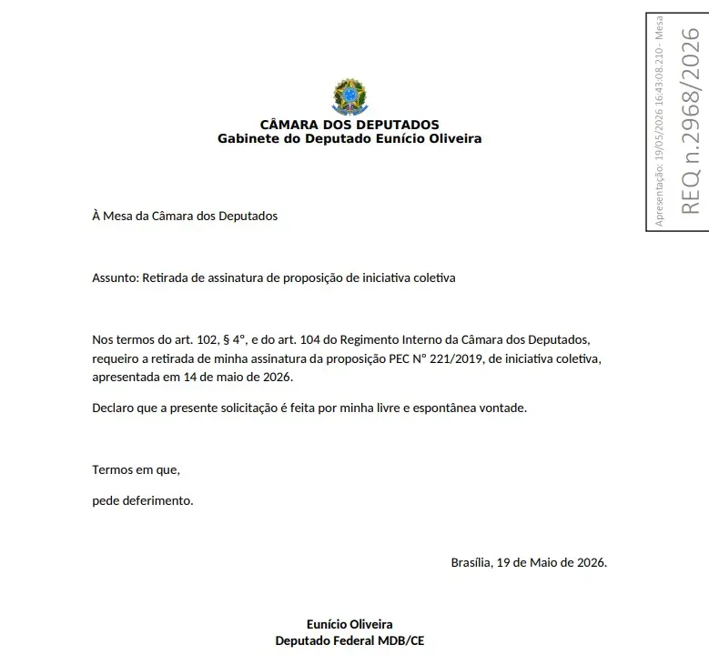Documento oficial da Câmara dos Deputados, com o brasão da República no topo e o cabeçalho “Gabinete do Deputado Eunício Oliveira”. Trata-se de um requerimento direcionado à Mesa da Câmara solicitando a retirada de assinatura da PEC nº 221/2019, de iniciativa coletiva. O texto menciona os artigos do Regimento Interno que fundamentam o pedido e afirma que a solicitação é feita de livre e espontânea vontade. Ao final, há a data “Brasília, 19 de maio de 2026” e a assinatura de Eunício Oliveira, identificado como Deputado Federal pelo MDB do Ceará. Na lateral direita, aparece a identificação “REQ n. 2968/2026”.