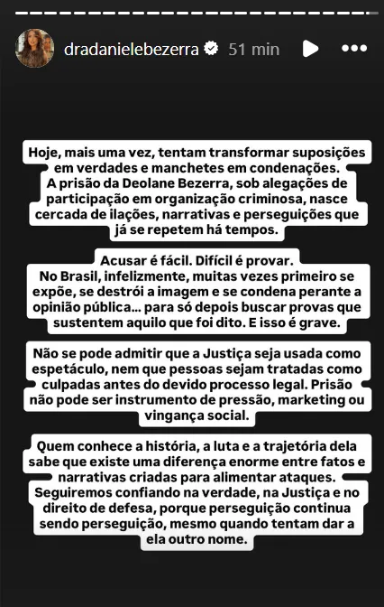 Daniele fez post no Instagram se manifestando.