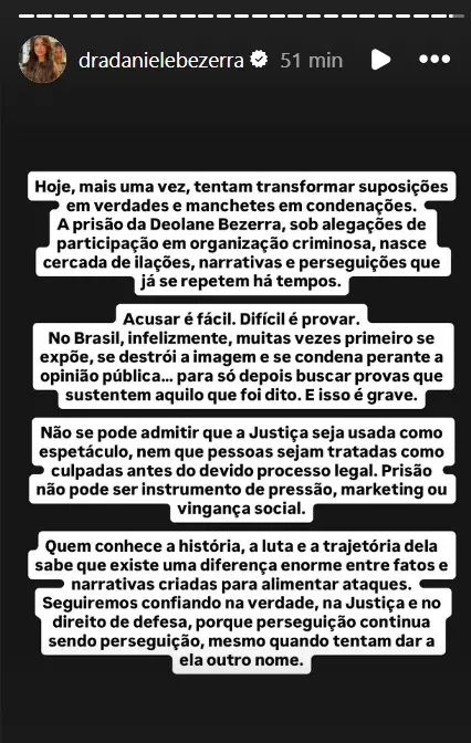 reprodução de story de instagram de daniele bezerra, irmã de deolane bezerra.