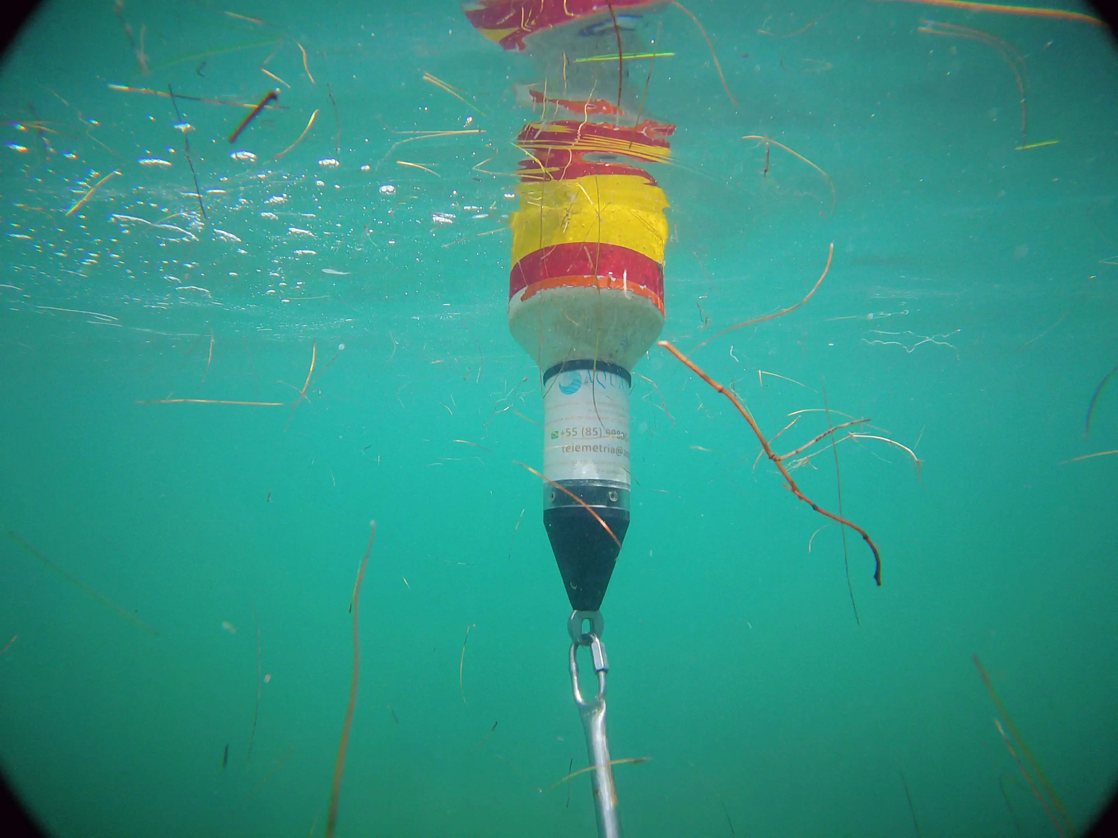 Lâmpada submersível com cabo e presilha metálica, iluminando em um fundo azul com fios e marcas no ambiente, em uma cena subaquática