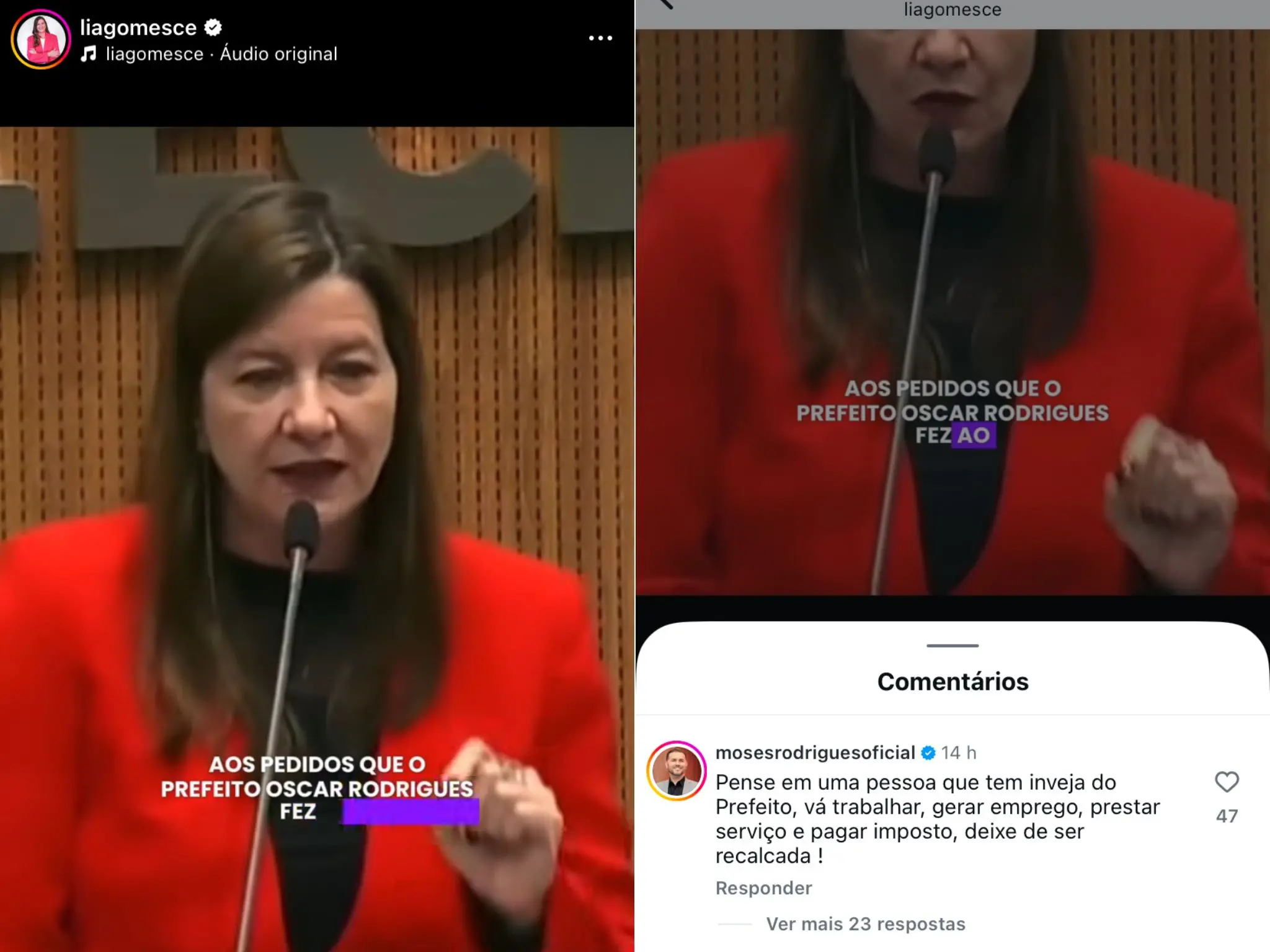 Print de postagem de Lia Gomes nas redes sociais com comentário de Moses Rodrigues.