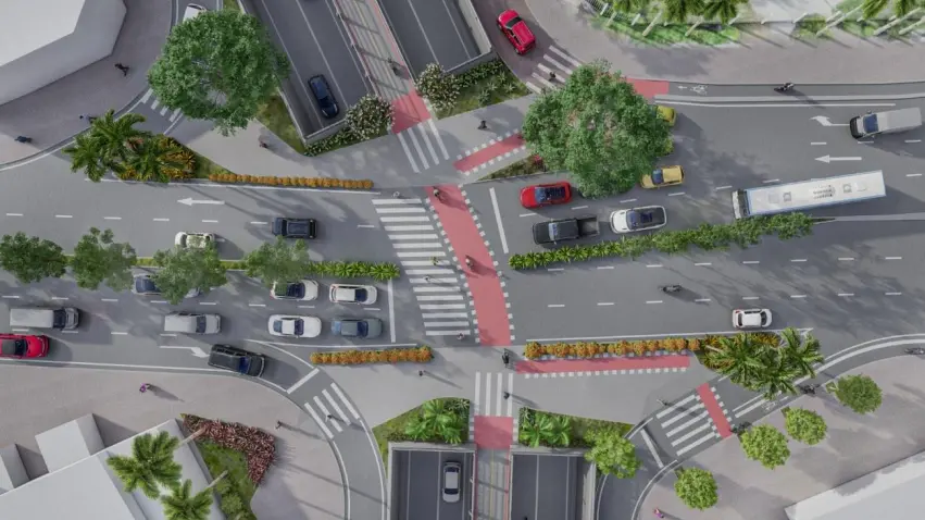 Vista aérea de projeção 3D do projeto urbanístico da Avenida Aguanambi, mostrando cruzamento com ciclovia vermelha, faixas de pedestre, veículos e acessos ao túnel.