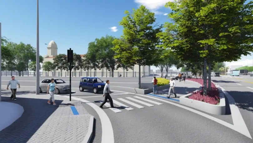 Projeção digital em 3D do projeto de mobilidade urbana da Avenida Aguanambi, exibindo o túnel, ciclovia, faixa de ônibus, fluxo de veículos e arborização.