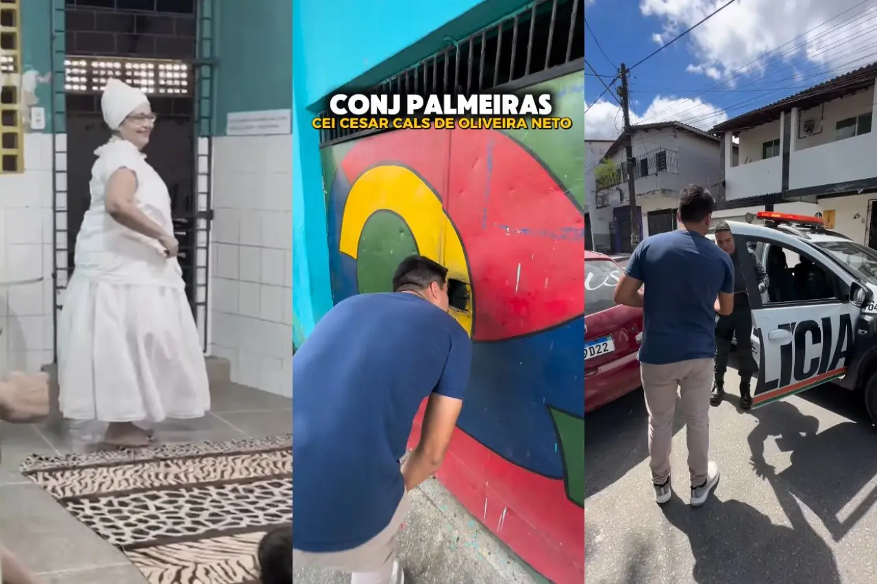 Fotomontagem de Lael Sena em ação à escola do Conjunto Palmeiras.