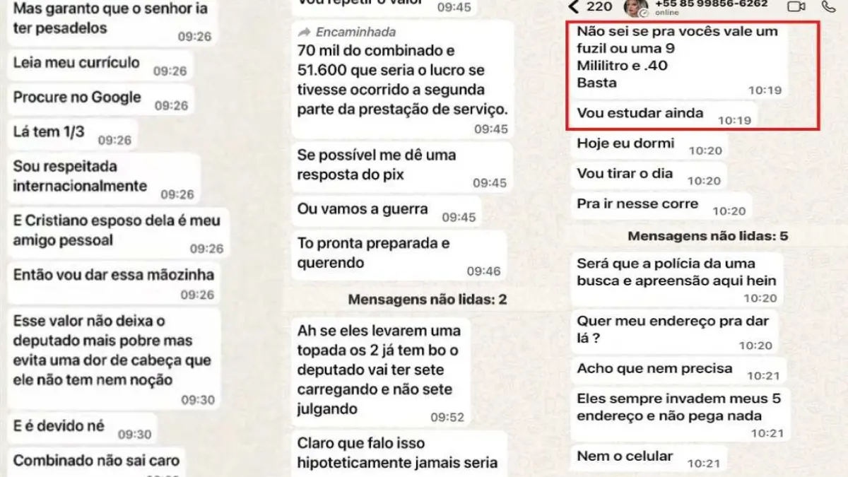 Prints de conversas onde advogada do CV supostamente ameaça deputado.