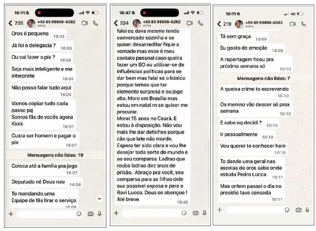 Prints de conversas onde advogada do CV supostamente ameaça deputado.