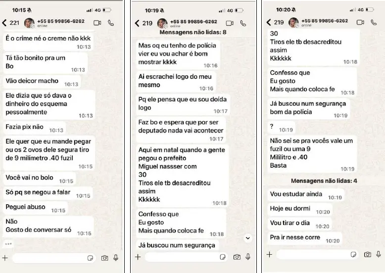 Prints de conversas onde advogada do CV supostamente ameaça deputado.