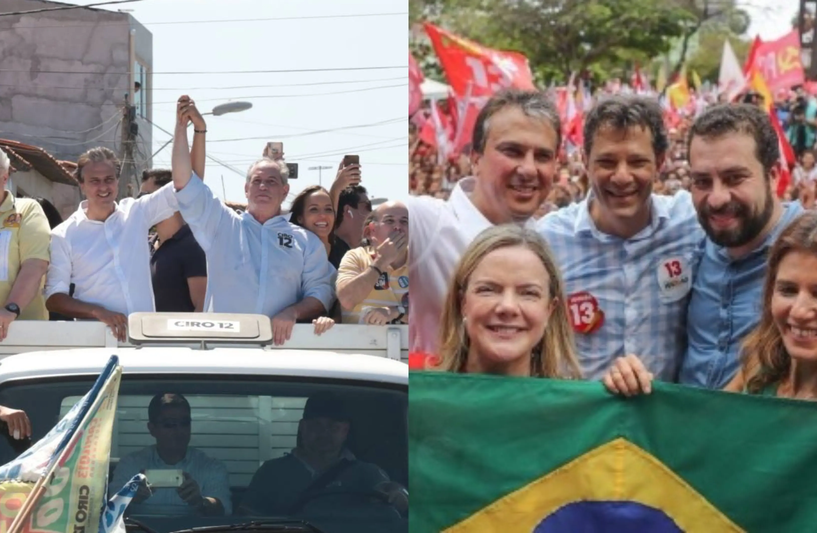 Montagem mostra Camilo Santana em campanhas eleitorais de 2018. À esquerda, participa de carreata com Ciro Gomes e aliados; à direita, ele aparece ao lado de Fernando Haddad e apoiadores do PT.