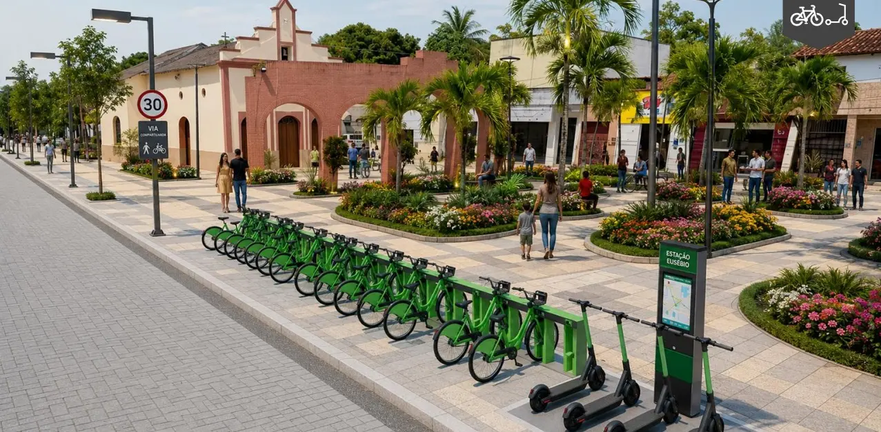 Estação Eusébio com bicicletas compartilhadas verdes e patinetes elétricos em praça reformada. Pedestres circulam pelo calçadão com canteiros floridos e uma igreja antiga ao fundo.