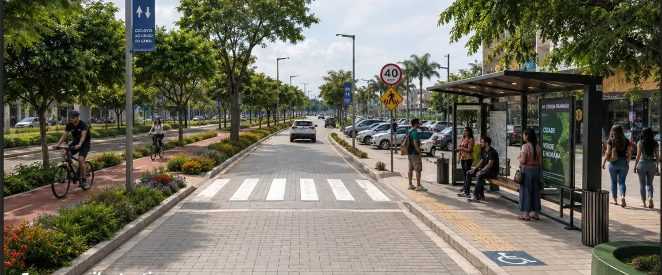 Avenida urbana revitalizada com ciclovia à esquerda, faixa de pedestres no centro e pessoas aguardando em ponto de ônibus moderno à direita, cercada por árvores e canteiros.