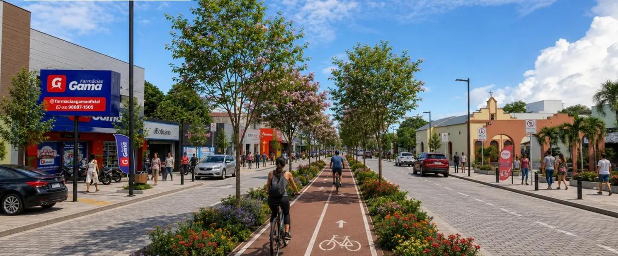 Projeto urbanístico mostra avenida comercial com ciclovia central arborizada, canteiros floridos, lojas, pedestres e ciclistas circulando em via ampla e revitalizada.