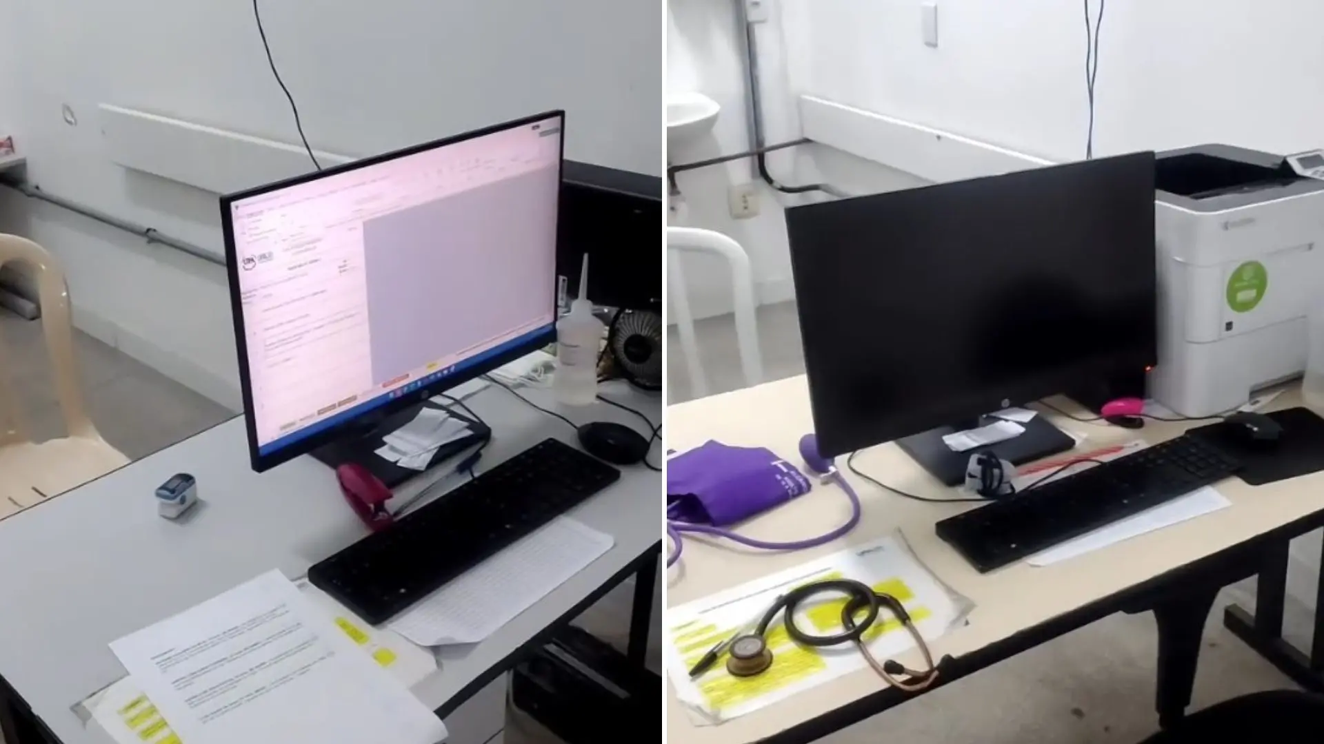 Dois painéis mostram uma bancada de laboratório com dois computadores ligados, documentos, acessórios e equipamentos eletrônicos sobre uma mesa. Ambientes de testes e análise.